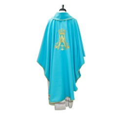 Casula Mariana in tessuto vaticano azzurro con ricamo