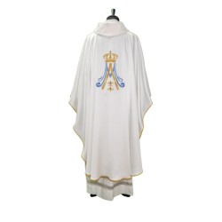 Casula Mariana in pura seta con ricamo azzurro e pietre