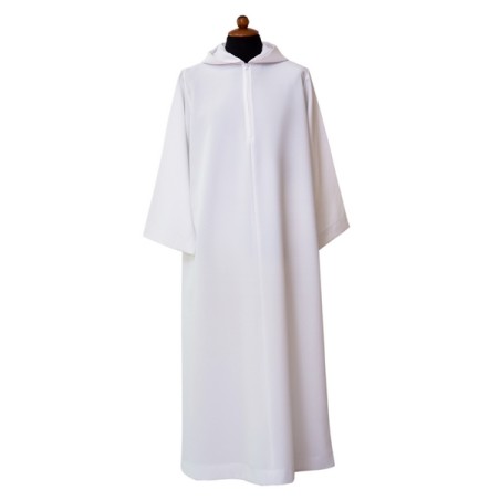 Camice svasato in poliestere con ampio cappuccio e cerniera sul davanti