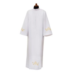 Camice con piegoni con ricamo croce, uva e spighe sul fondo e sulle maniche, in misto cotone