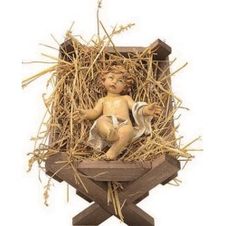 Gesù Bambino in resina in culla di legno per presepio cm. 65