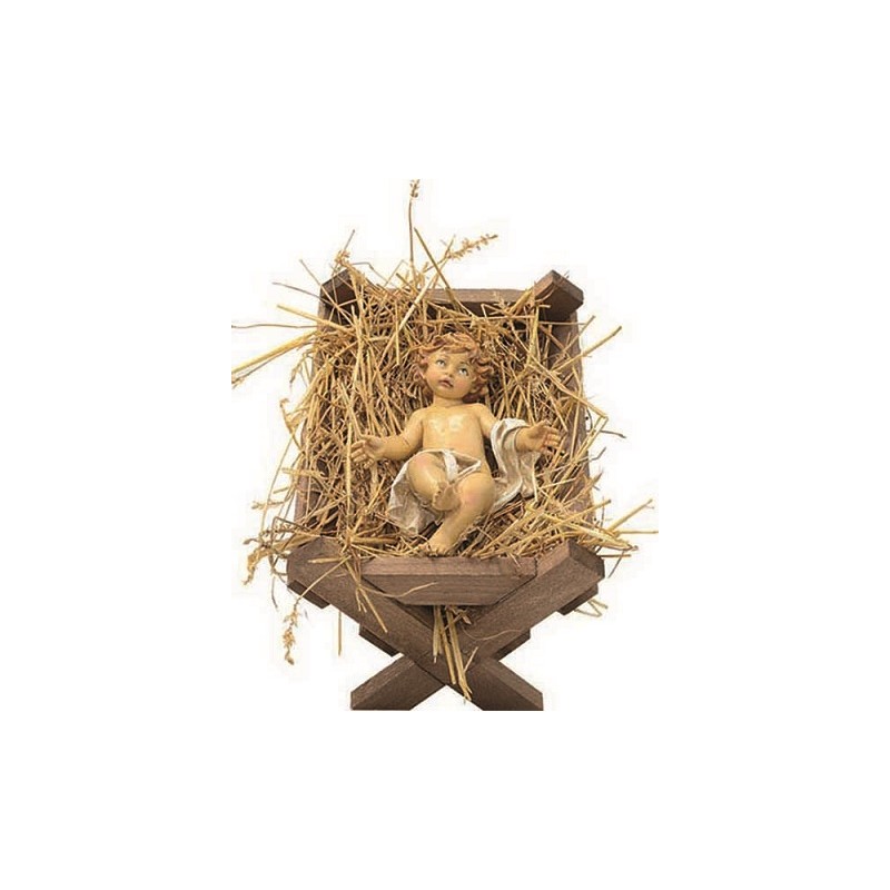 Gesù Bambino in resina in culla di legno per presepio cm. 65