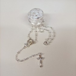 Rosario in metallo argentato leggero con clip con cofanetto