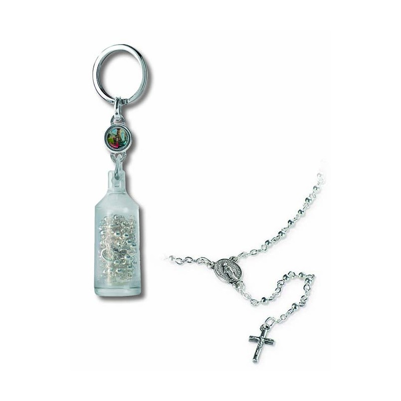 Portachiavi bottiglietta  Madonna di Lourdes con rosario metallo