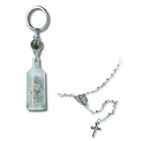 Portachiavi bottiglietta  Madonna di Lourdes con rosario metallo