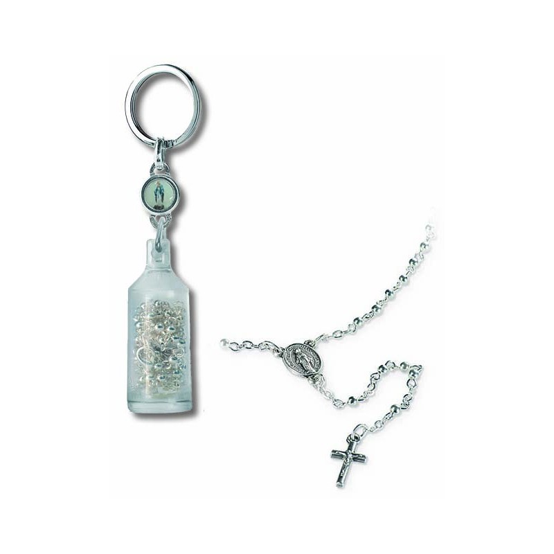 Portachiavi bottiglietta con rosario metallo Madonna Miracolosa