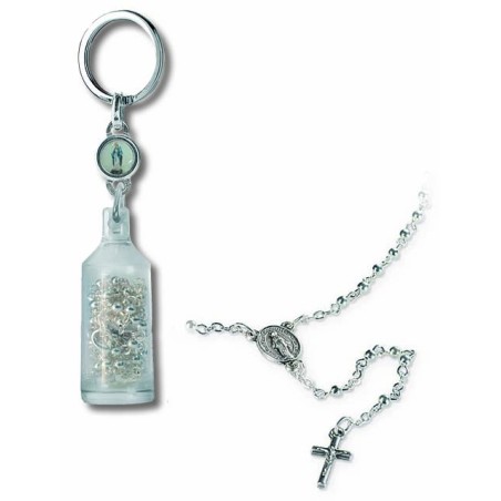 Portachiavi bottiglietta con rosario metallo Madonna Miracolosa