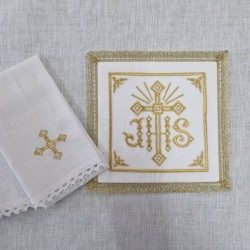 Servizio da messa ricami JHS dorati in lino