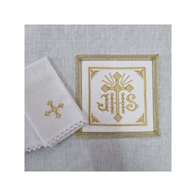 Servizio da messa ricami JHS dorati in lino