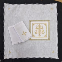 Servizio da messa ricami JHS dorati in lino