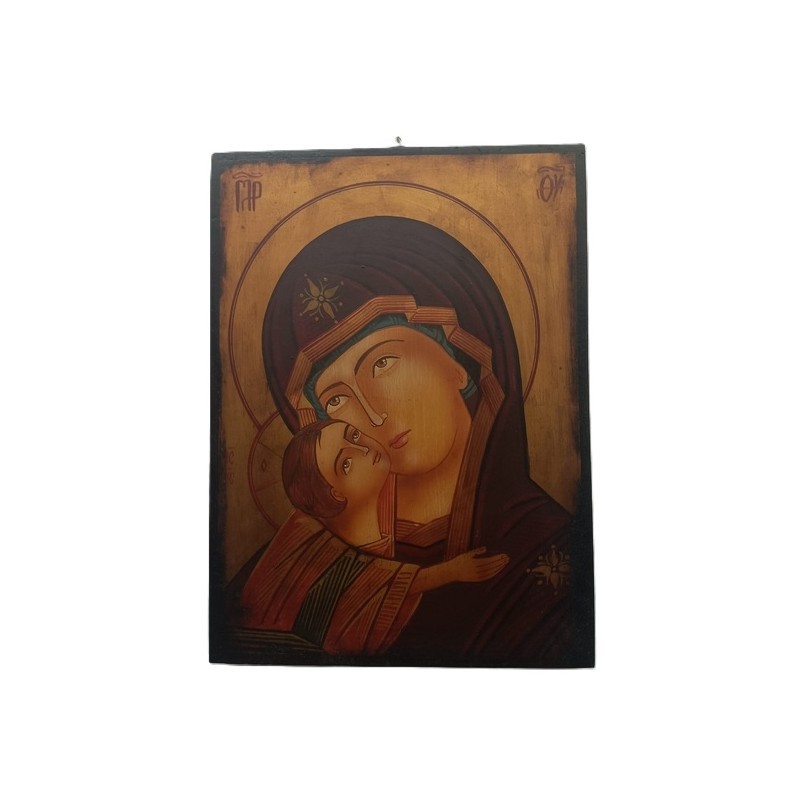 Icona rumena Madonna della tenerezza "Vladimirskaja" dipinta su legno cm. 23x31,5