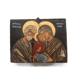 Icona rumena Sant'Anna con Maria e San Gioachino dipinta su legno cm. 17x23