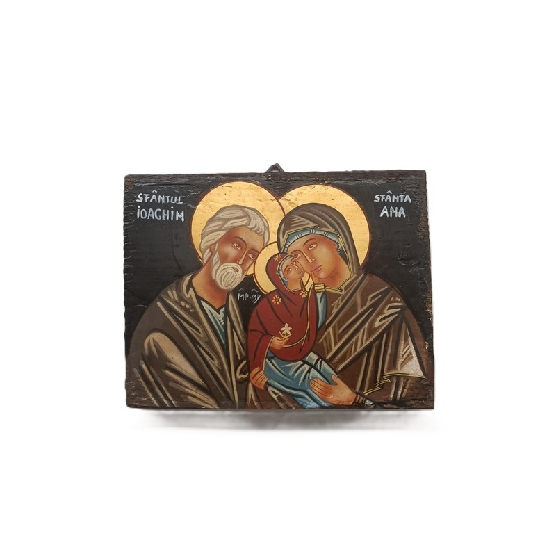 Icona rumena Sant'Anna con Maria e San Gioachino dipinta su legno cm. 17x23
