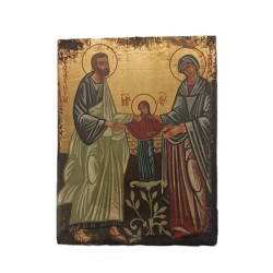 Icona rumena Sant'Anna con Maria e San Gioachino dipinta su legno cm. 17x23