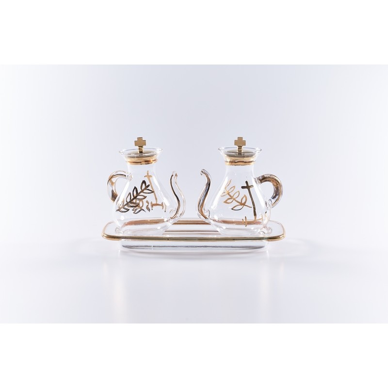 Ampolline beccuccio con decoro su vassoio vetro