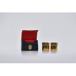 Astuccio due vasetti vetro corazza metallo dorato per oli santi