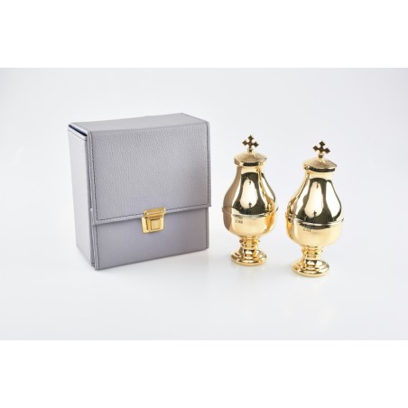 Astuccio con 2 vasetti per oli santi con interno in vetro