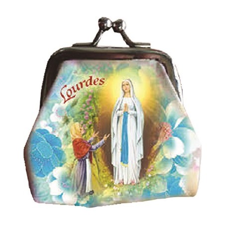 Borsellino in stoffa con rosario vetro Madonna di Lourdes